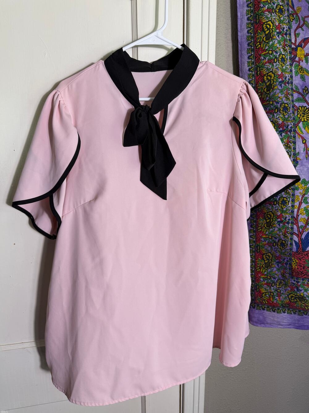 Womens 2XL Pink Black Tie Neck Blouse Kitty Bow Flutter Sleeve Retro Top